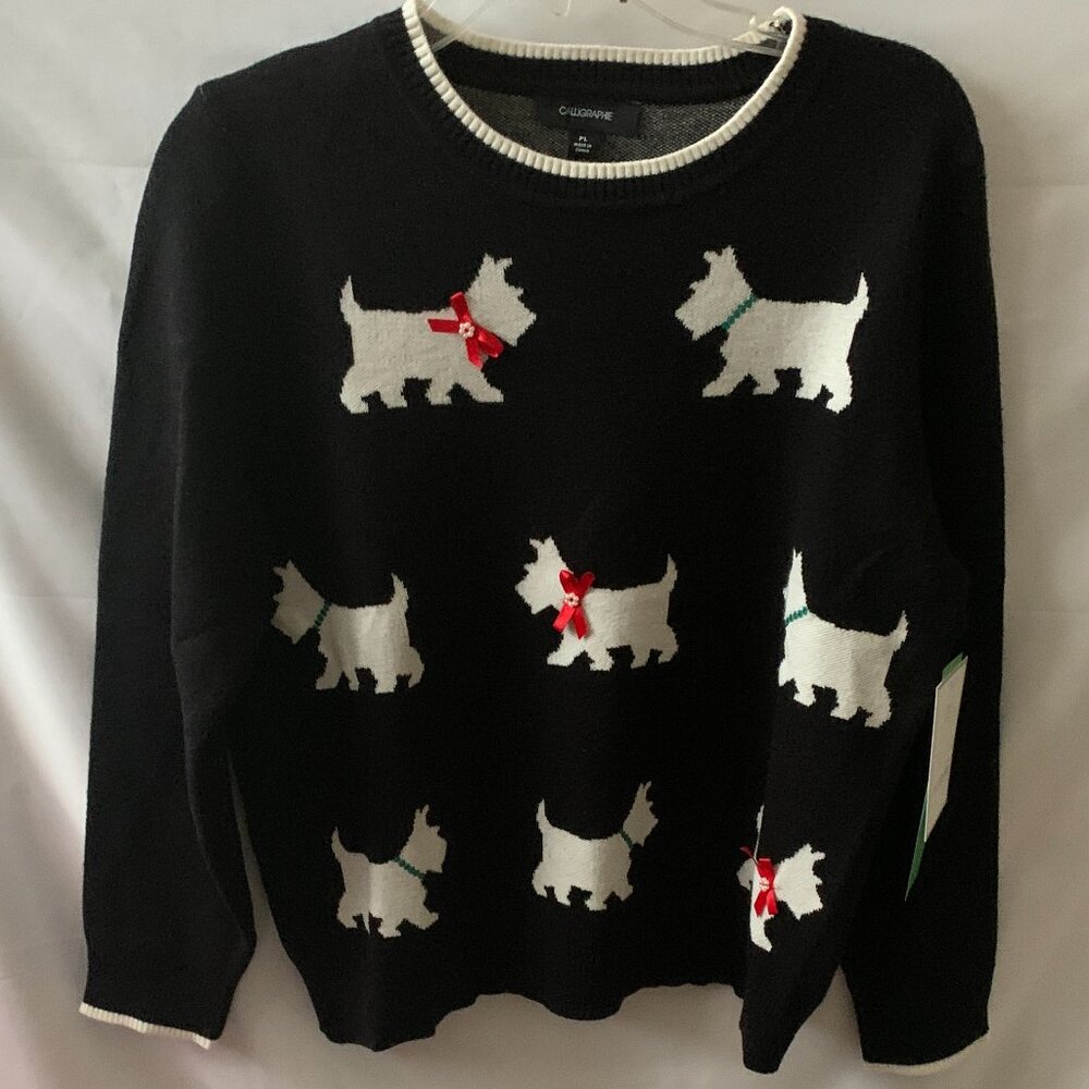 ANTHROPOLOGIE X CALLIGRAPHIE Scottish Terrier Dog Knit Sweater in Blk/Wt Sz L